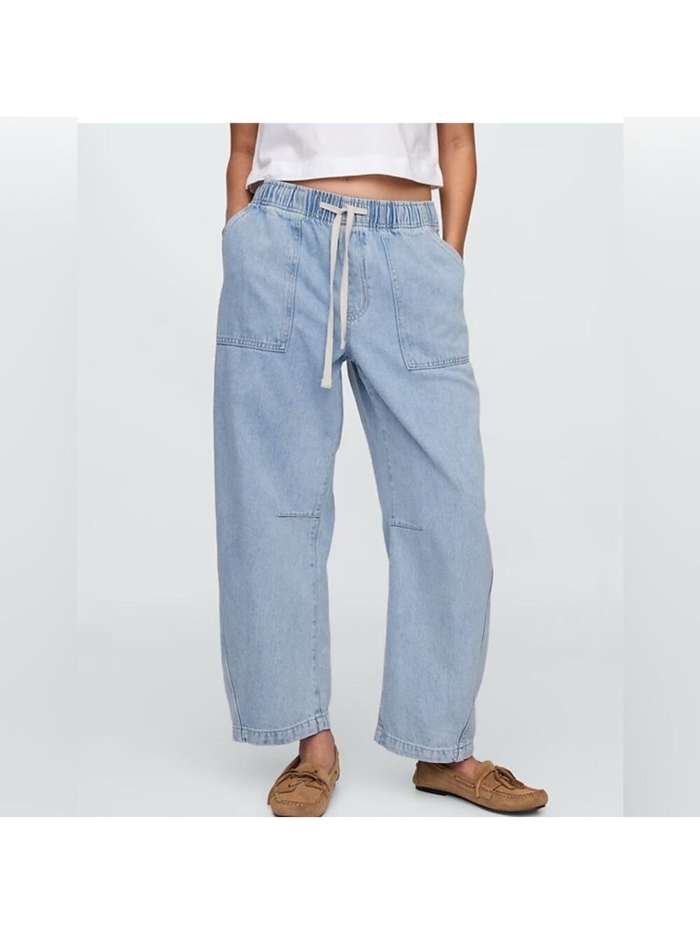 Gap Beachy BoHo Casual Summer Mid Rise Supersoft Pull-On Barrel Jeans NWT Small - Picture 2 of 9
